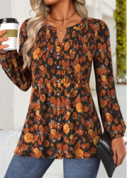 Modlily Terracotta Peplum Floral Print Long Sleeve Split Neck Blouse - M
