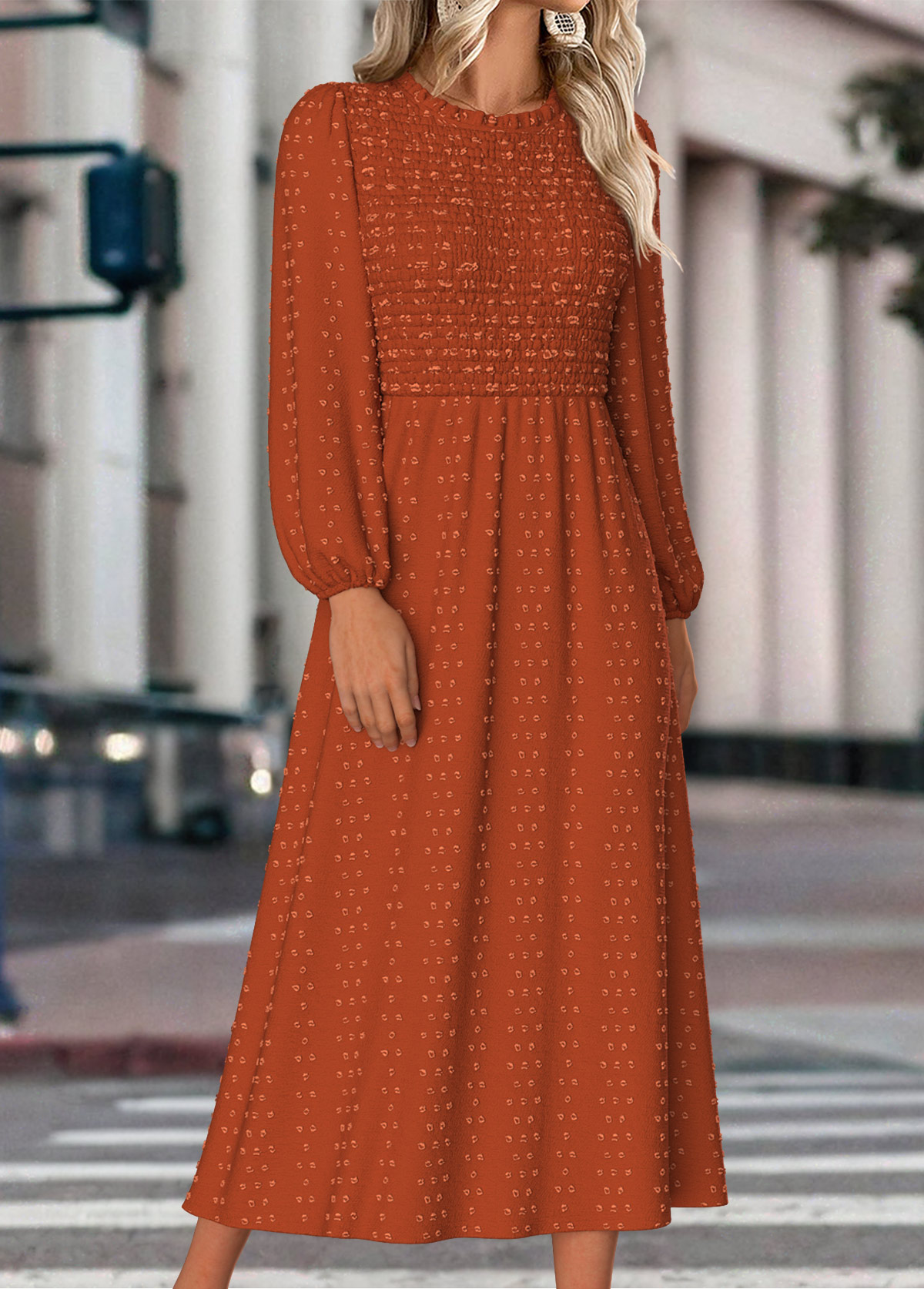 Modlily Terracotta Tummy Coverage Long Sleeve Round Neck Dress - XXL
