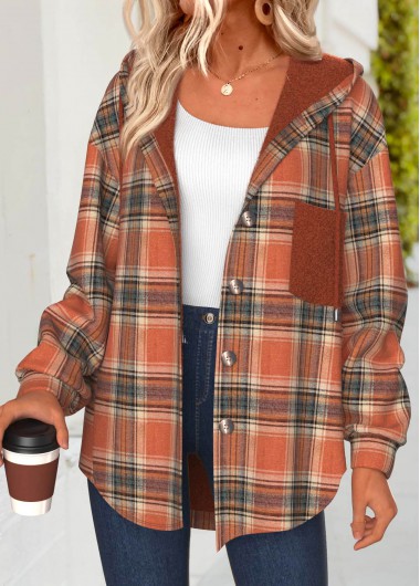 Modlily Terracotta Tummy Coverage Plaid Long Sleeve Hooded Track Jacket - XL