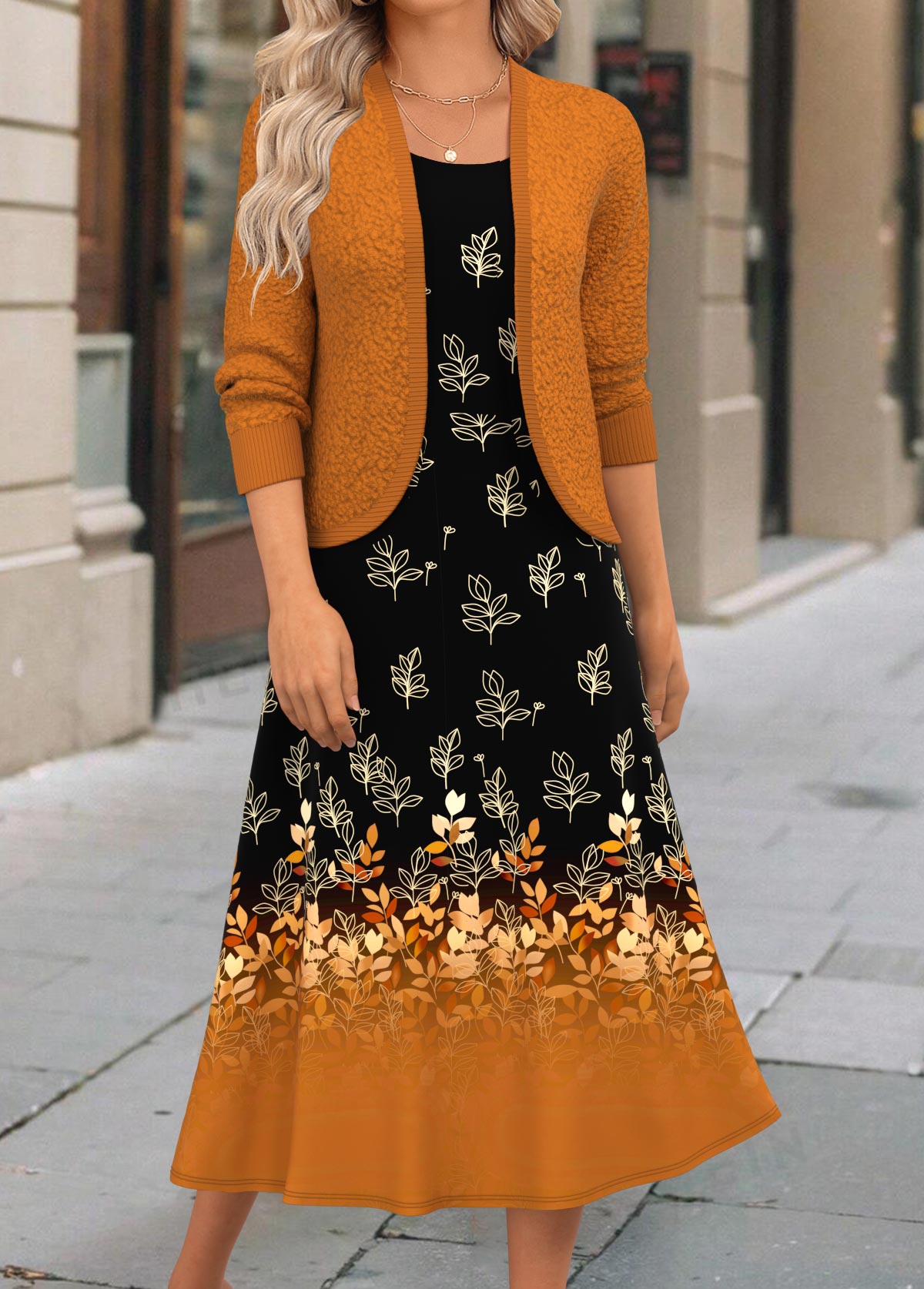 Modlily Terracotta Two Piece Floral Print Dress and Cardigan - S
