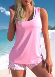 Modlily Three-piece Mid Waisted Geometric Print Pink Tankini Set - XXL