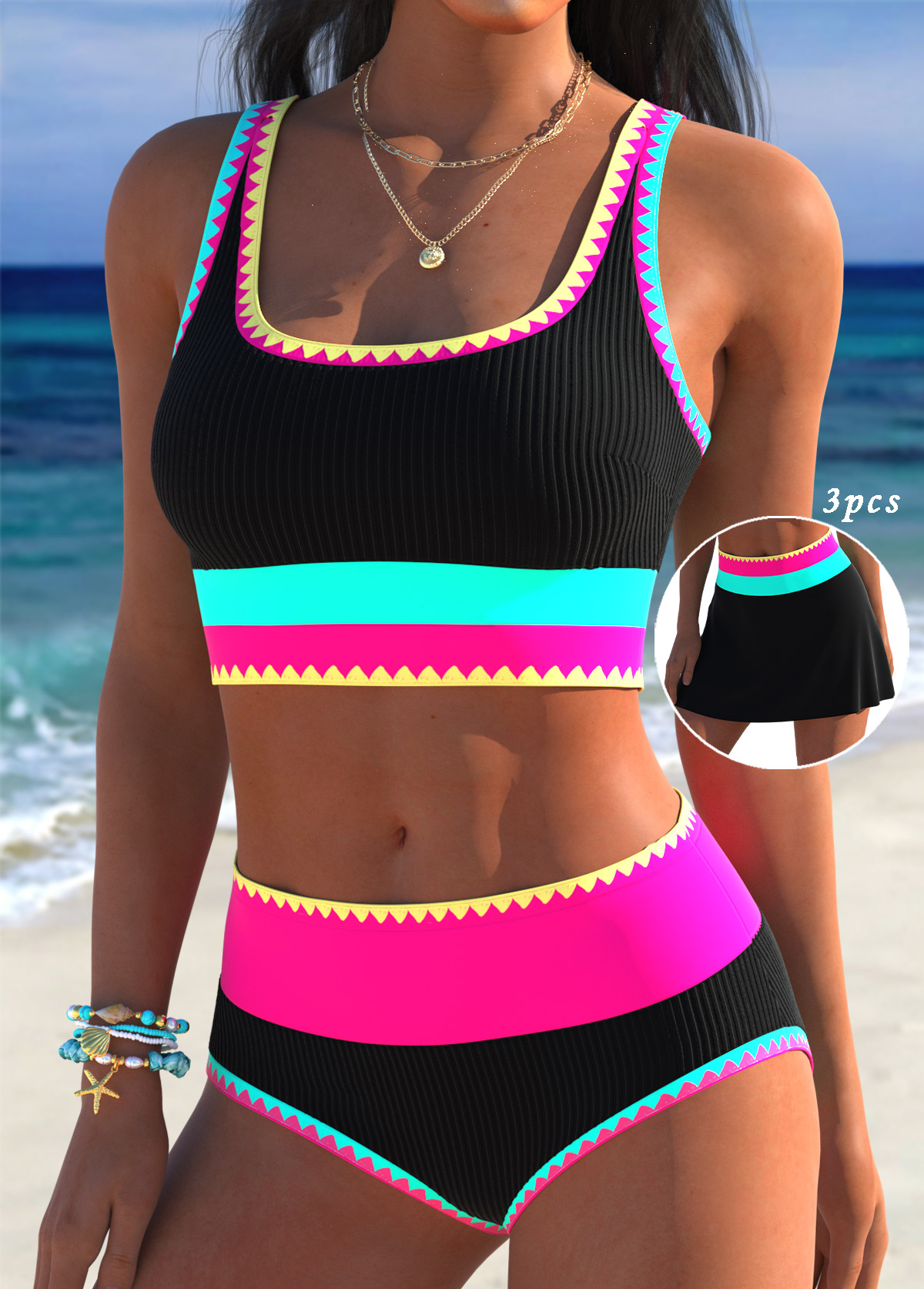 Modlily Three-piece Multi Color Mid Waisted Bikini Set - S