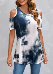 Modlily Tie Dye Print Cold Shoulder Navy T Shirt - M