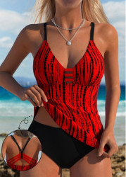 Modlily Tie Dye Print Red Tankini Set - S