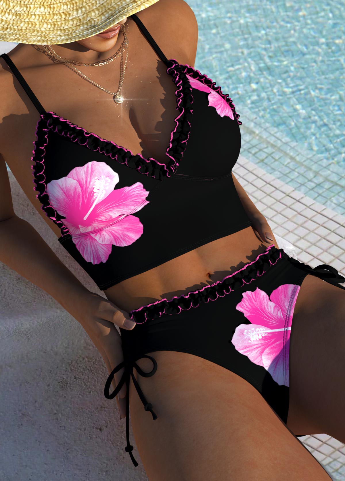 Modlily Tie Mid Waisted Floral Print Black Bikini Set - S