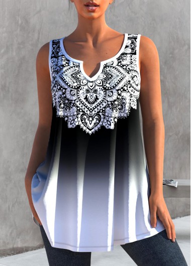 Modlily Tribal Print Ombre White Split Neck Tank Top - S