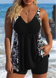 Modlily Tribal Print Patchwork Black Tankini Set - M