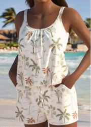 Modlily Tropical Plants Print Beige One Piece Swimwear - S