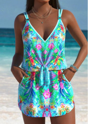 Modlily Tropical Plants Print Cyan One Piece Swimdress - S