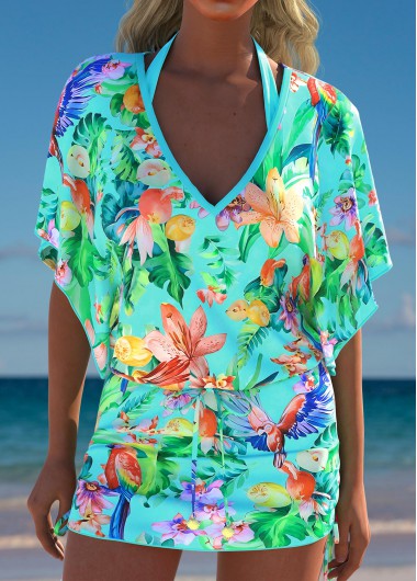 Modlily Tropical Plants Print Mint Green Cover Up - L