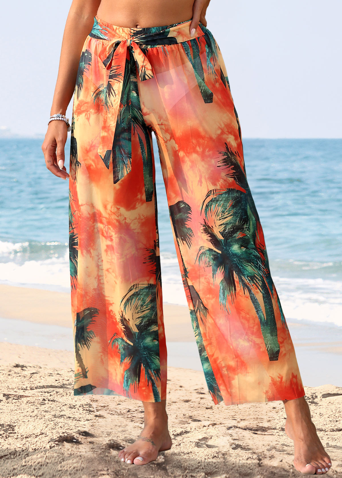 Modlily Tropical Plants Print Orange Cover Up - XL