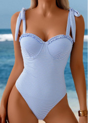 Modlily Tummy Control Striped Blue One Piece Swimwear - S