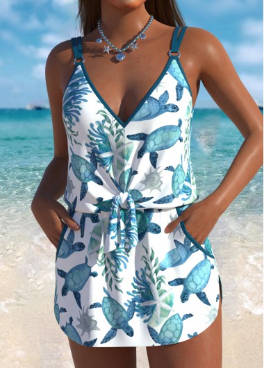 Modlily Tummy Coverage Marine Life Print One Piece Swimdress - S