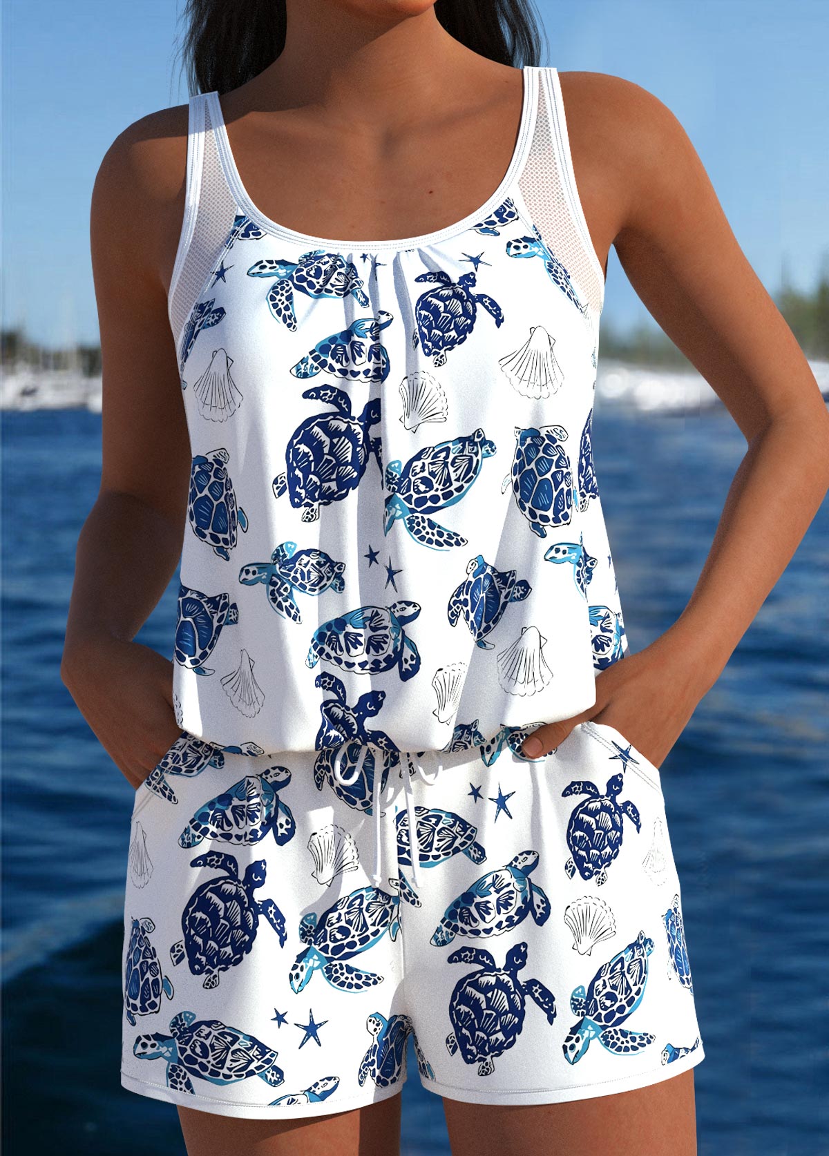 Modlily Tummy Coverage Marine Life Print White One Piece Swimwear - M