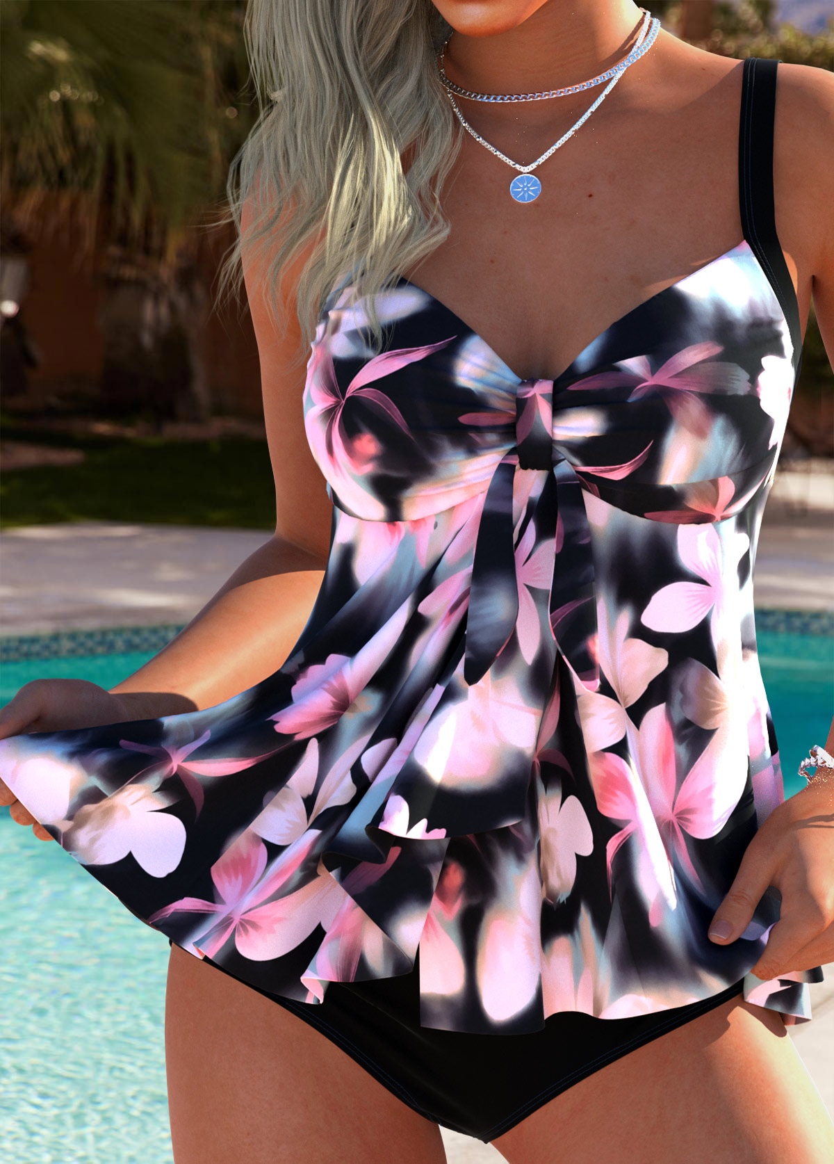 Modlily Tummy Coverage Mid Waisted Floral Print Pink Tankini Set - S