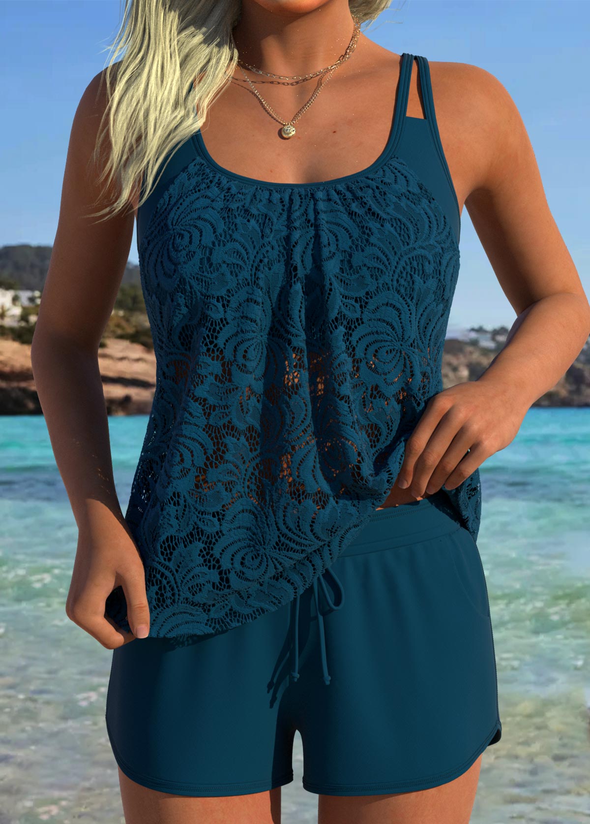 Modlily Tummy Coverage Mid Waisted Peacock Blue Tankini Set - S