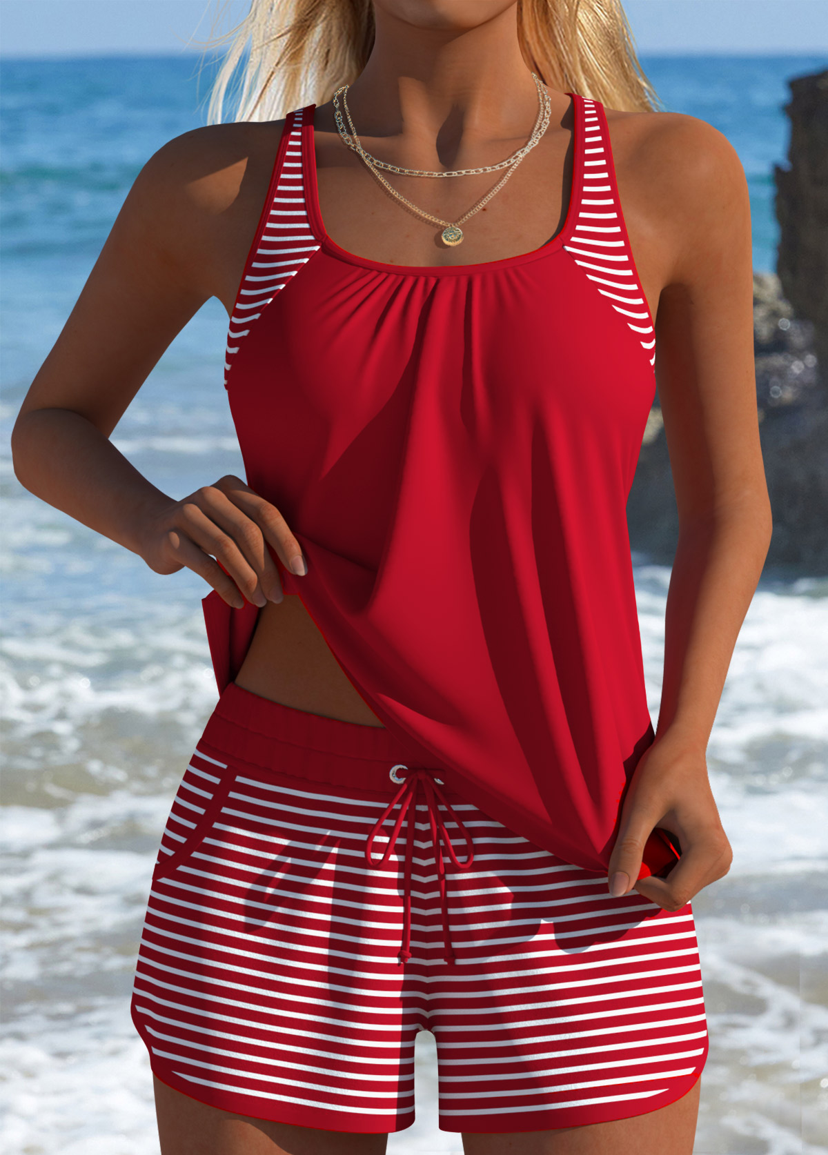 Modlily Tummy Coverage Mid Waisted Striped Red Tankini Set - S