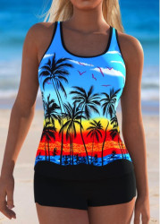 Modlily Tummy Coverage Mid Waisted Tropical Plants Print Tankini Set - L