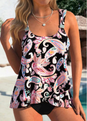 Modlily Tummy Coverage Paisley Print Black Tankini Set - M