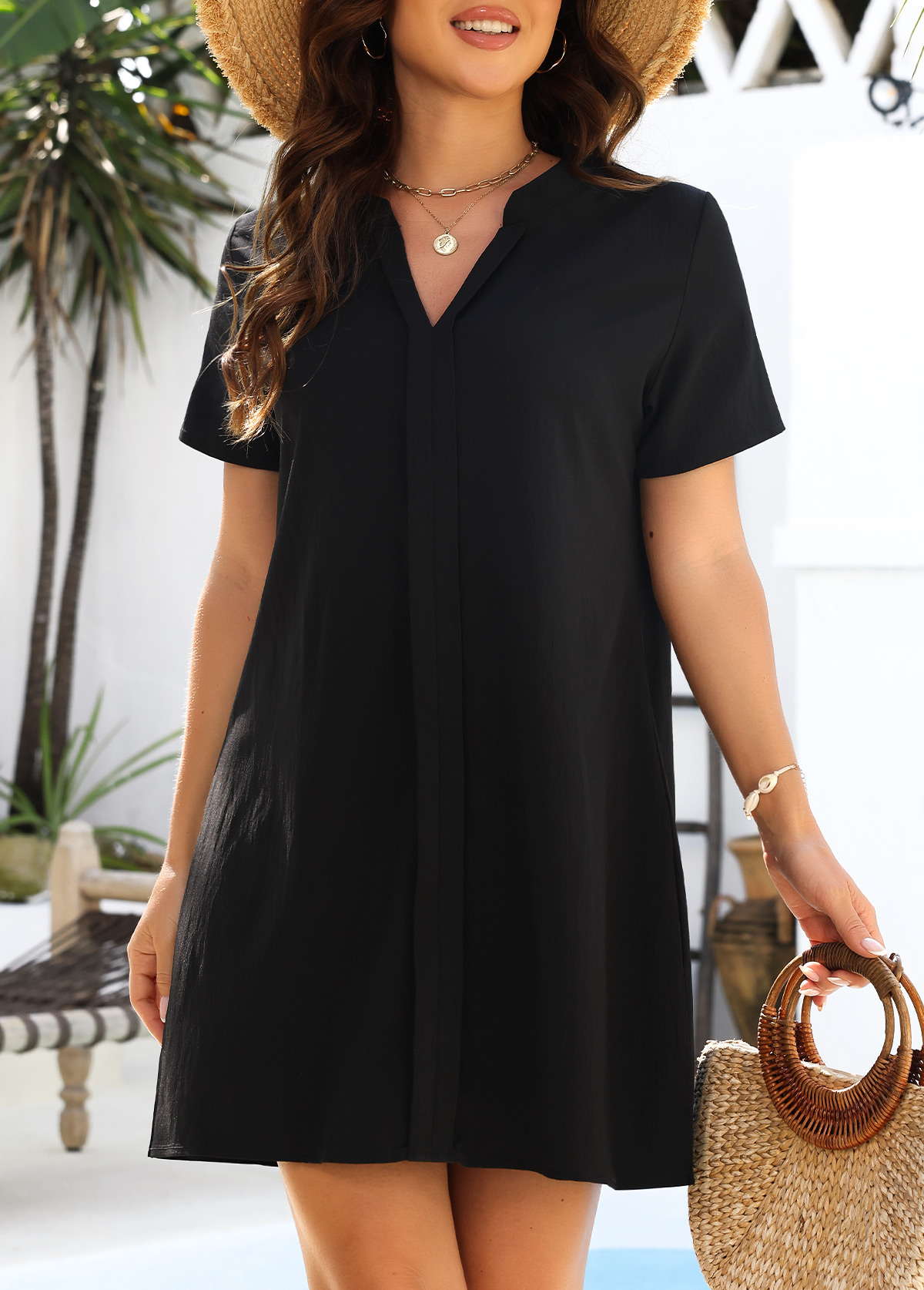 Modlily Tummy Coverage Short Sleeve Black Cover Up - S