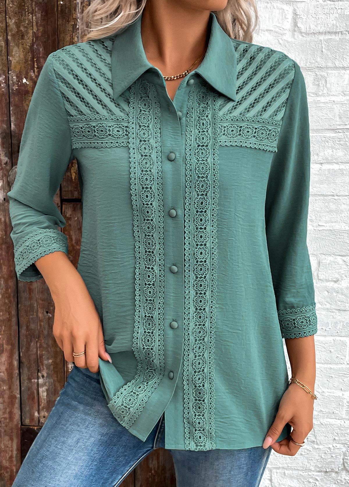 Modlily Turquoise Button Patchwork 3/4 Sleeve Shirt - S