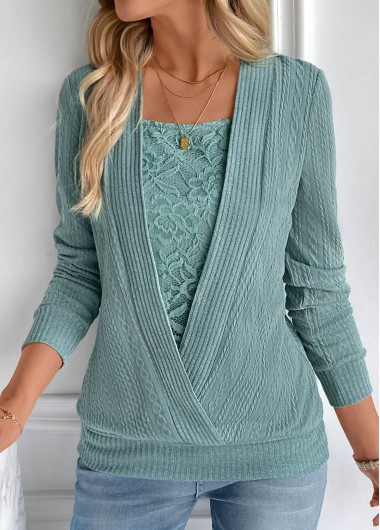 Modlily Turquoise Fake 2in1 Long Sleeve Square Neck Sweatshirt - XXL