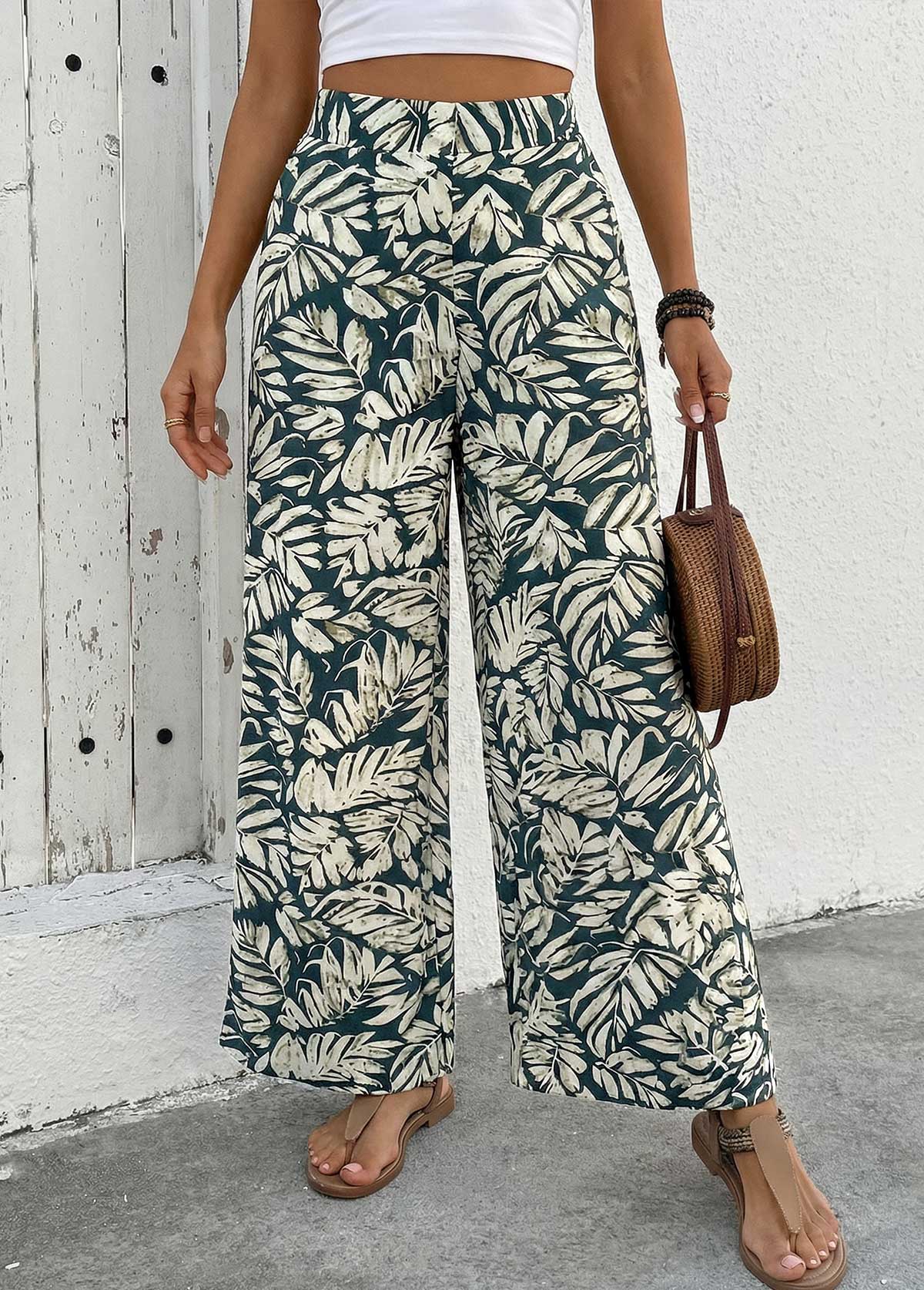 Modlily Turquoise Flowy Leaf Print Wide Leg Zipper Fly Pants - S