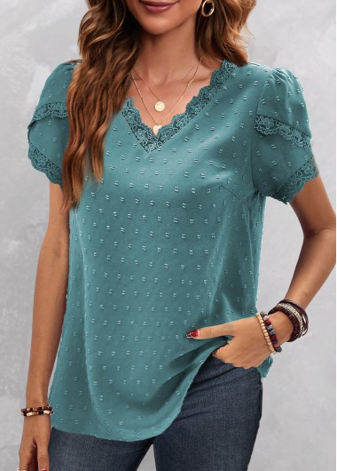 Modlily Turquoise Lace Short Sleeve V Neck Blouse - S