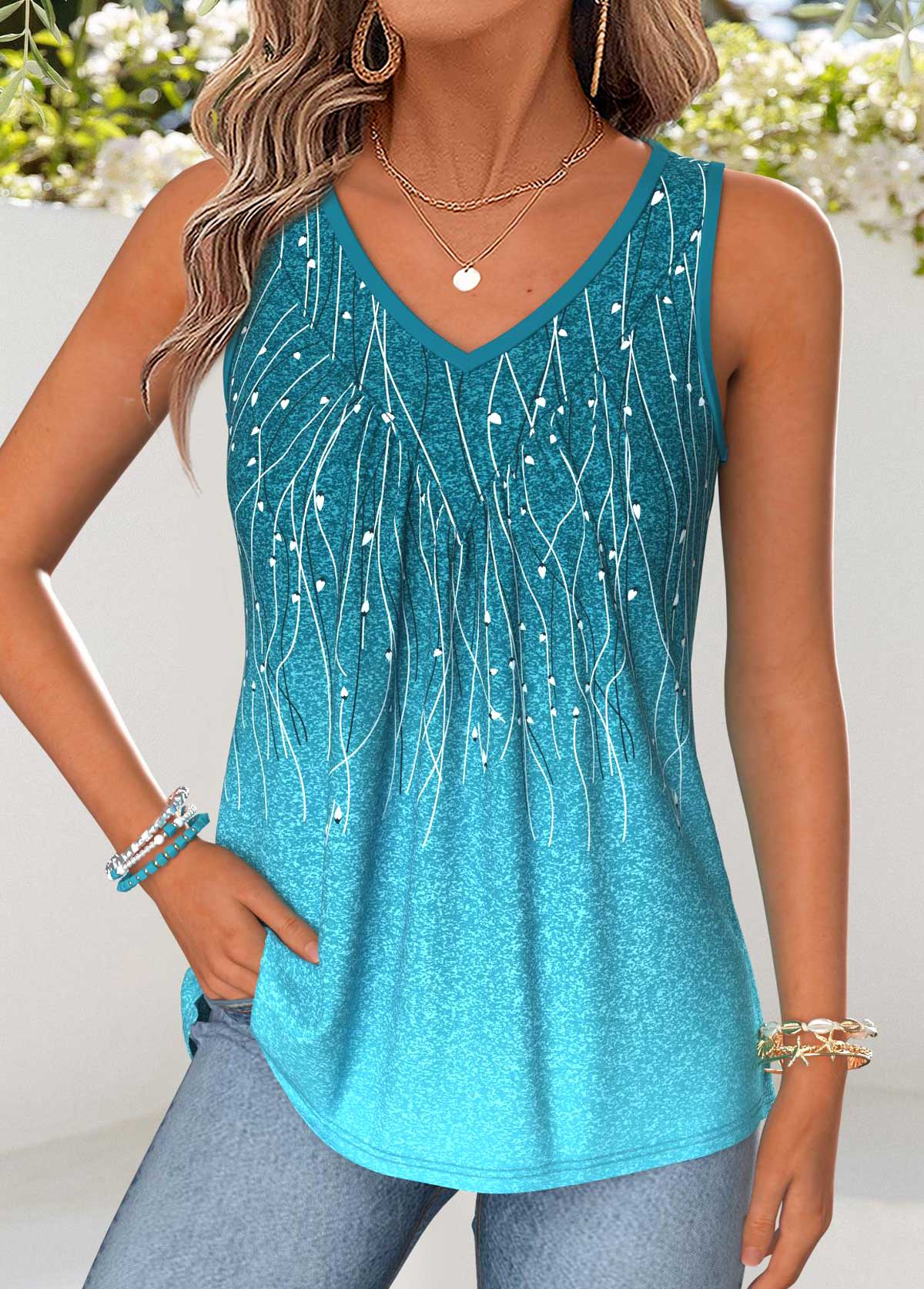 Modlily Turquoise Ombre Patchwork Sleeveless V Neck Tank Top - S