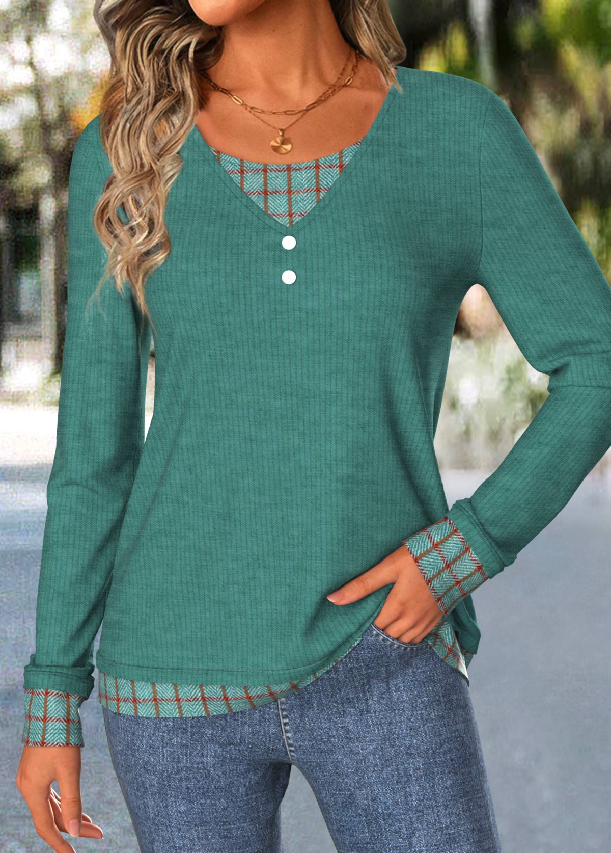 Modlily Turquoise Plaid Long Sleeve Fake Two Piece Twinset - XL