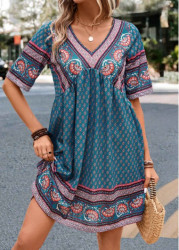 Modlily Turquoise Ruched Paisley Print A Line Dress - XXL