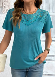 Modlily Turquoise Short Sleeve Round Neck T Shirt - S