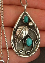 Modlily Turquoise Teardrop Feather Design Metal Necklace - One Size