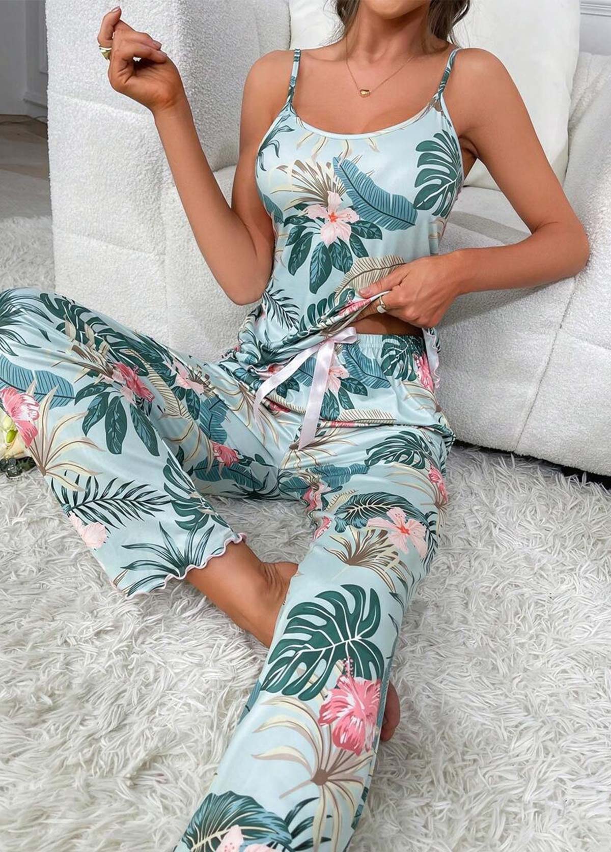 Modlily Turquoise Tropical Plants Print Strappy Lounge Top and Pants - S