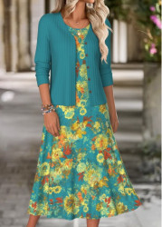 Modlily Turquoise Tummy Coverage Floral Print Dress and Cardigan - M