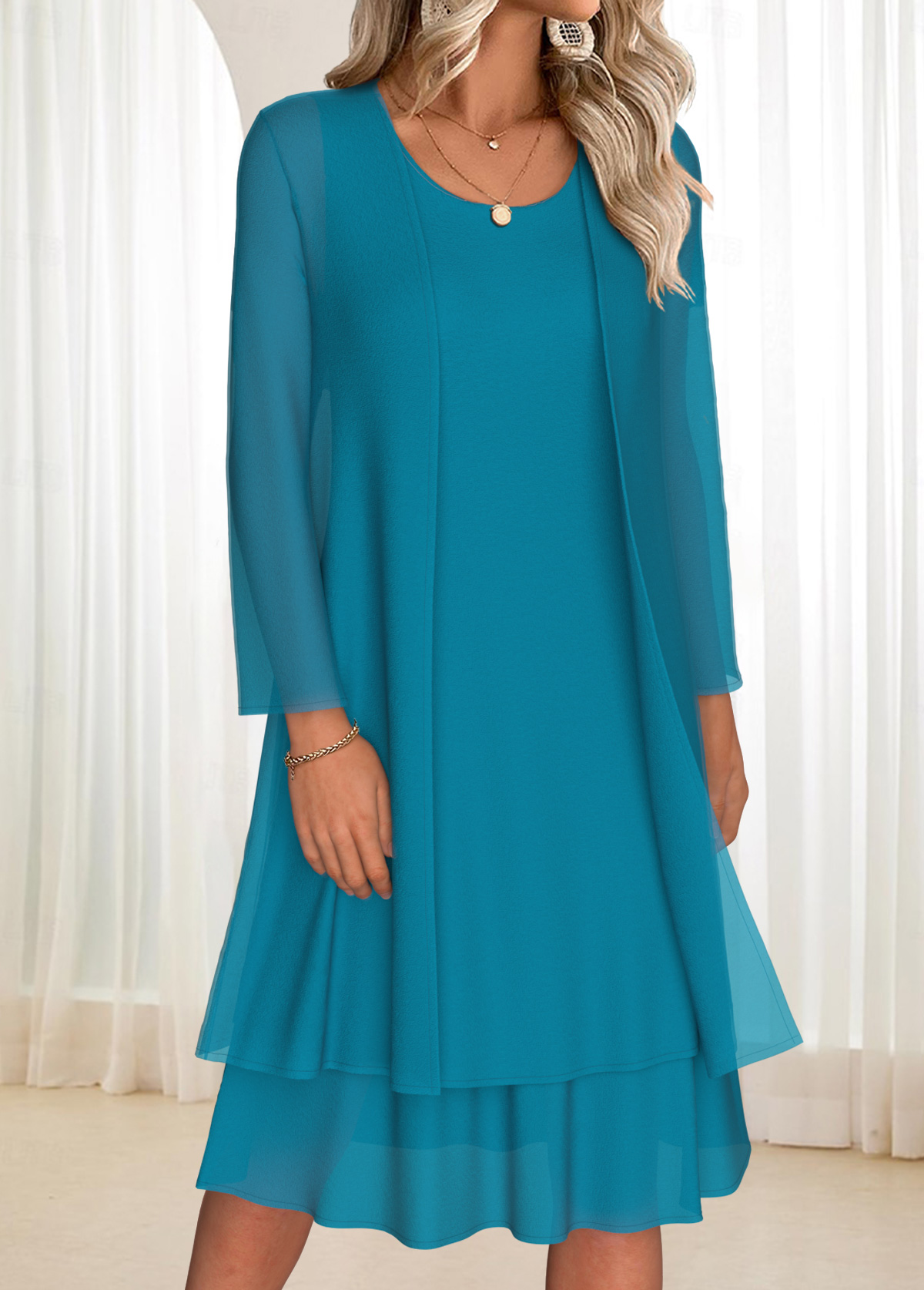 Modlily Turquoise Tummy Coverage Long Sleeve Dress and Cardigan - S