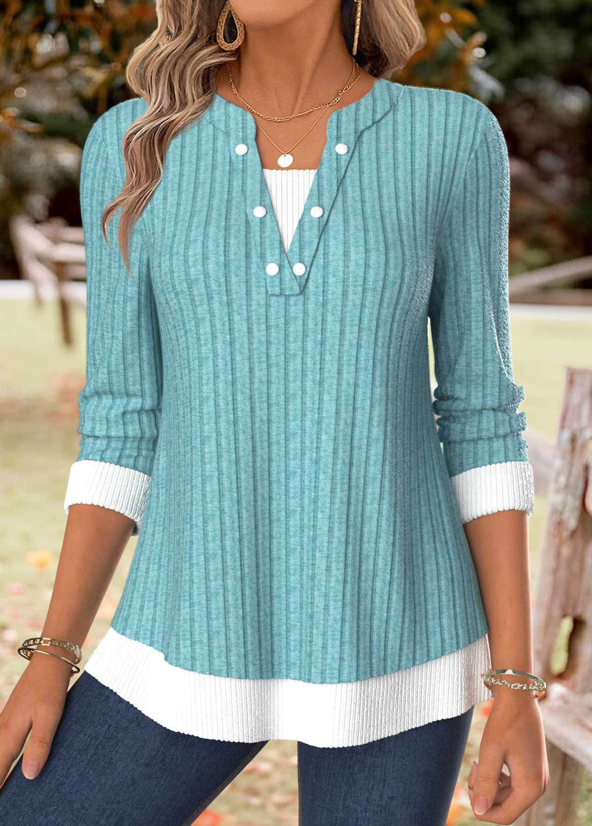Modlily Turquoise Tummy Coverage Long Sleeve Split Neck T Shirt - M