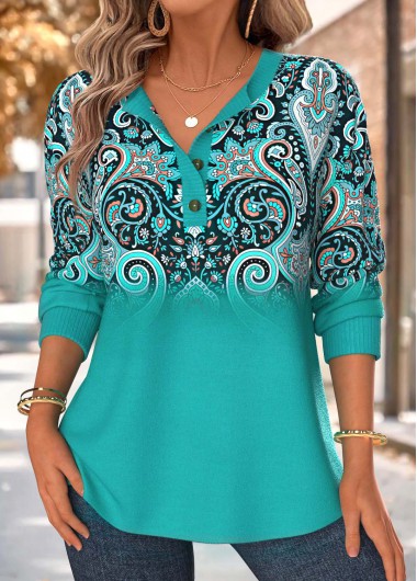 Modlily Turquoise Tummy Coverage Tribal Print Long Sleeve Sweatshirt - M