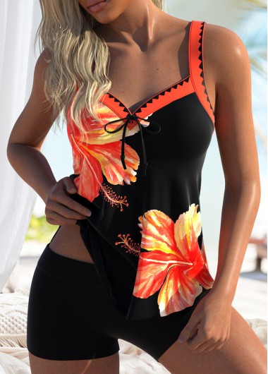 Modlily V-Neck Floral Print Orange Tankini Set - S