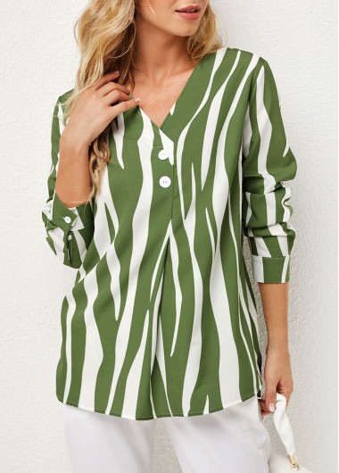 Modlily V Neck Striped Decorative Button Blouse - S
