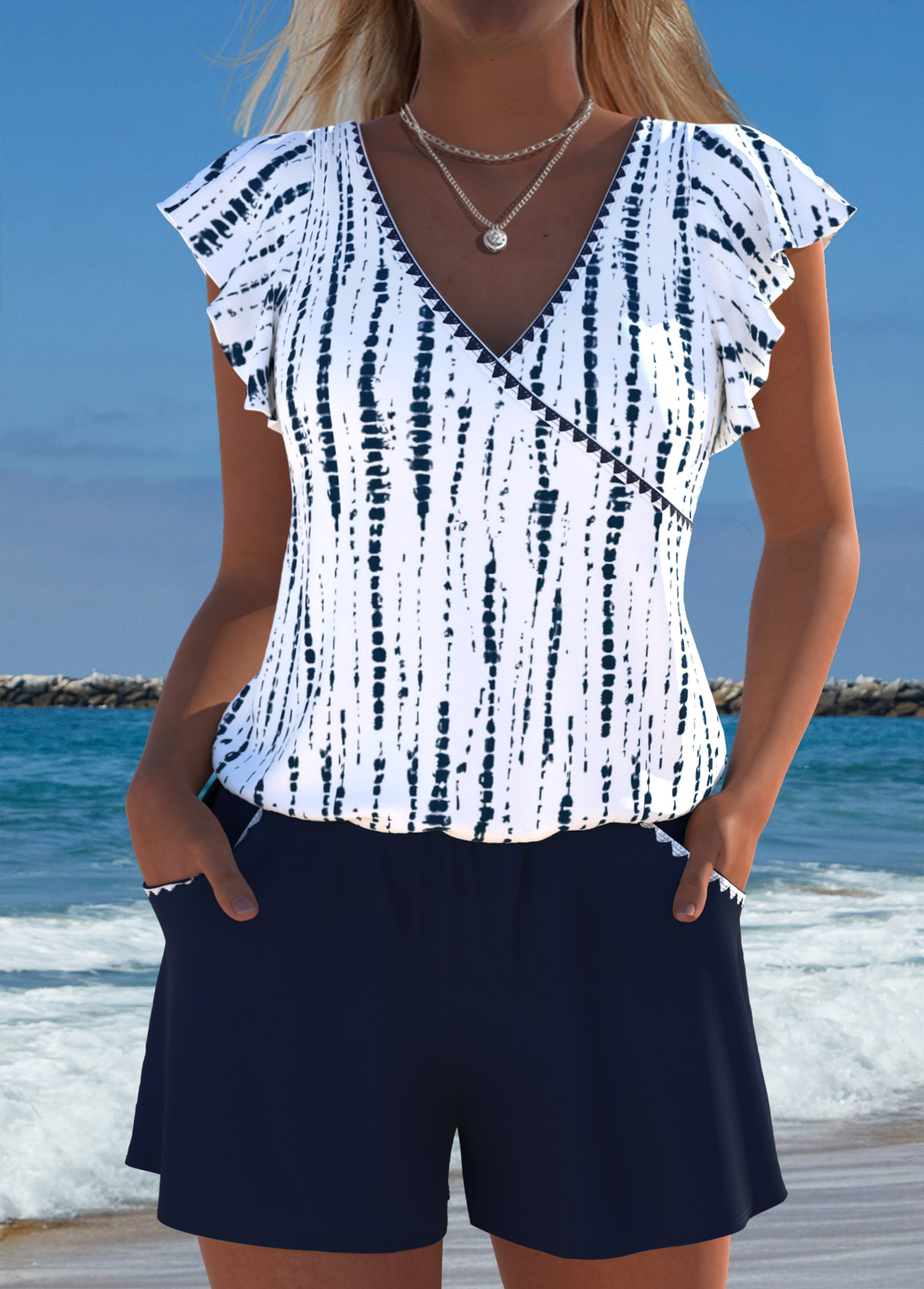 Modlily V Neck Tie Dye Print Navy One Piece Swimwear - L