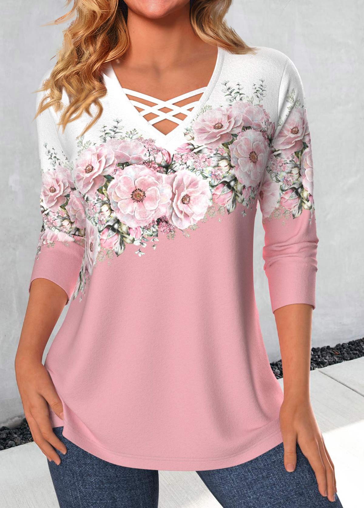 Modlily Valentine's Day Pink Criss Cross Floral Print T Shirt - M