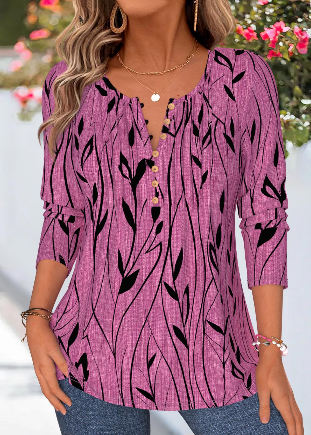 Modlily Violet Floral Print Tuck Stitch Long Sleeve T Shirt - M