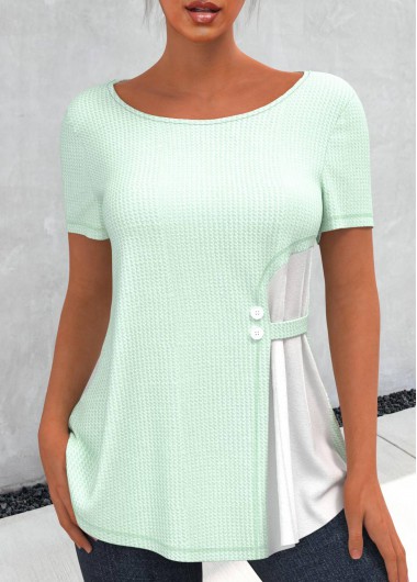 Modlily Waffle Knit Chiffon Panel Light Green T Shirt - S