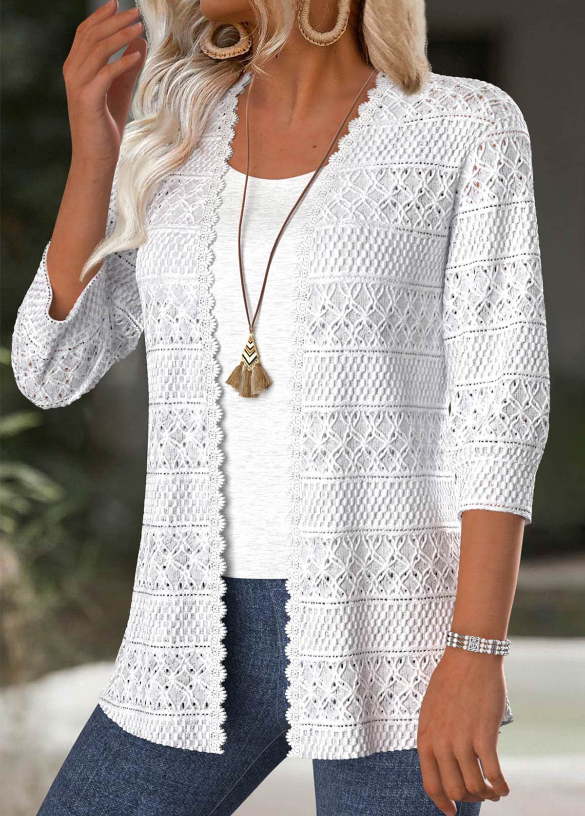 Modlily White 3/4 Sleeve Texture Light Cardigan - S