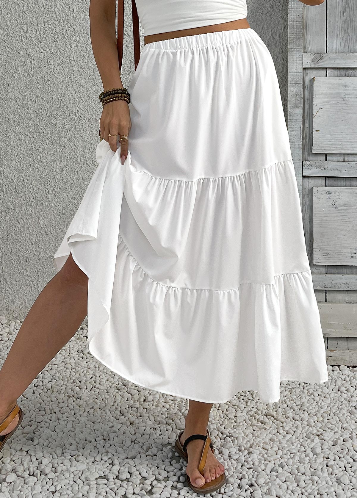 Modlily White A Line Elastic Waist Skirt - M