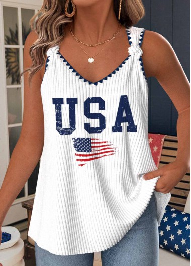 Modlily White American Flag Print Strappy V Neck Tank Top - XL