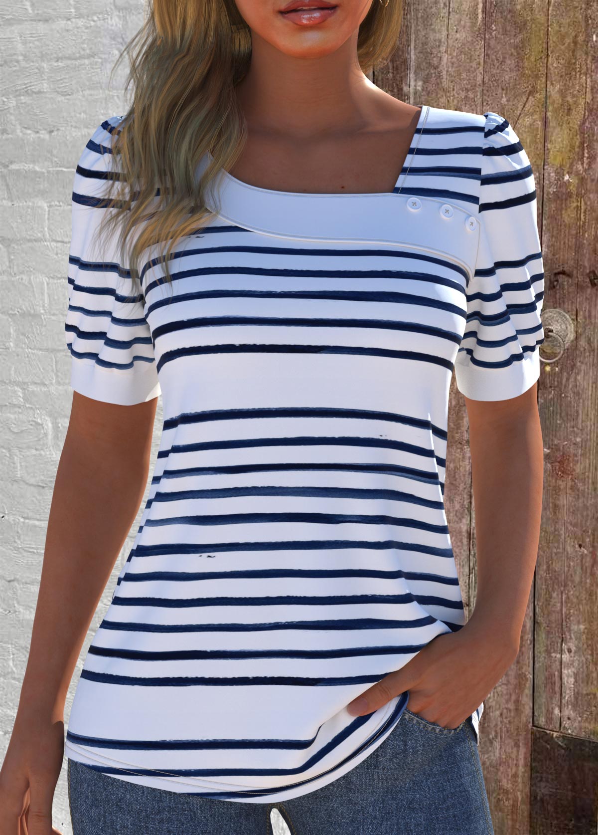 Modlily White Asymmetry Striped Short Sleeve Asymmetrical Neck T Shirt - XL