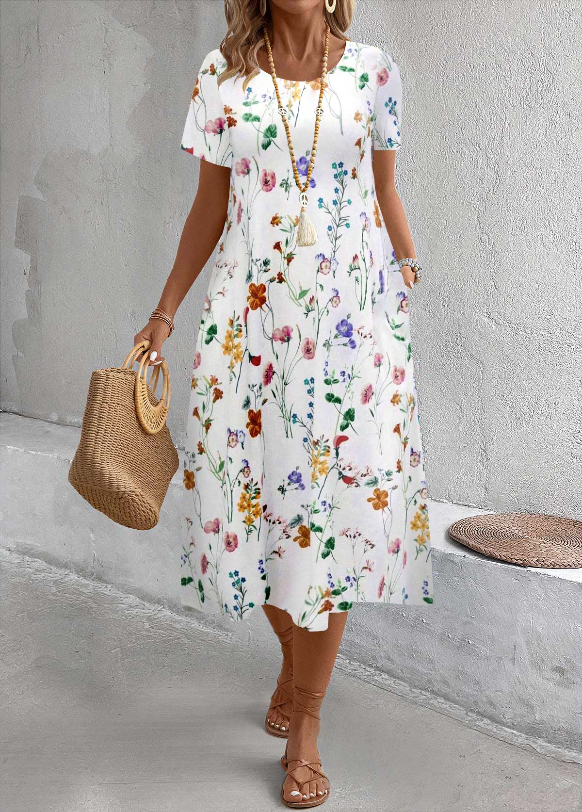 Modlily White Breathable Floral Print A Line Short Sleeve Dress - M