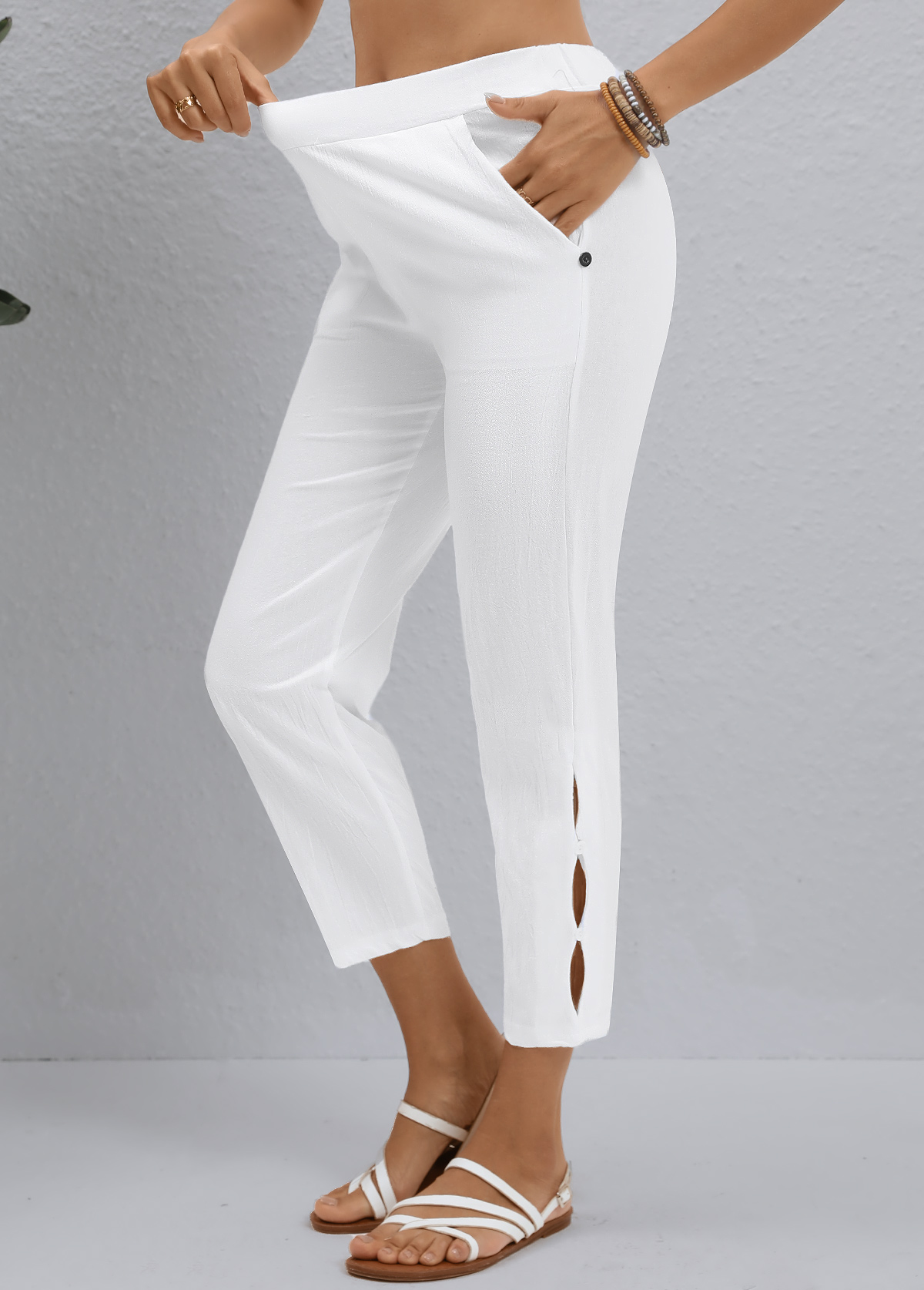 Modlily White Button Elastic Waist High Waisted Capri Pants - L